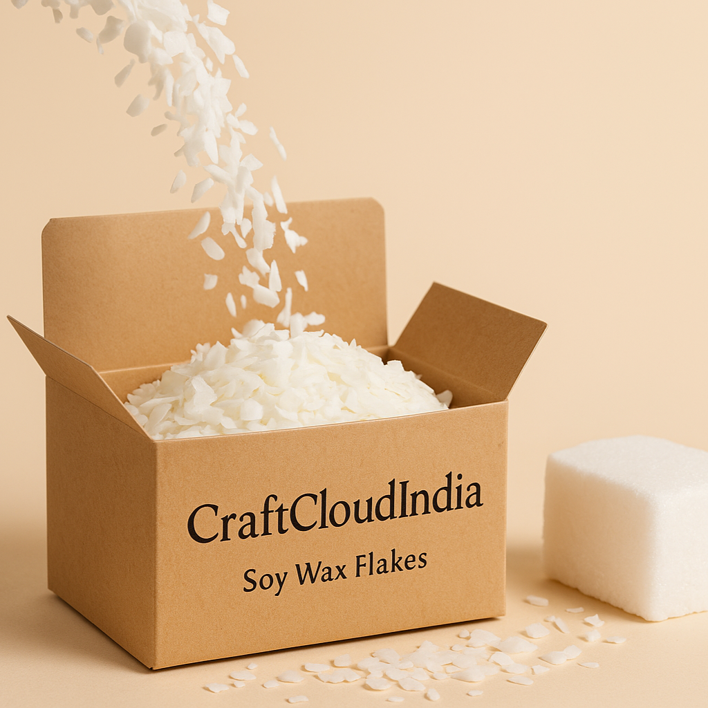 Box of CraftCloudIndia Soy Wax Flakes on a beige background