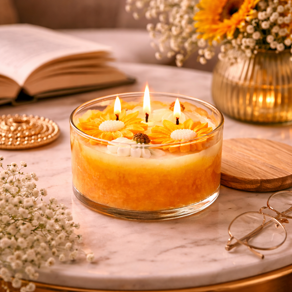 Golden Sunflower handmade floral candle by Candleroma additional view