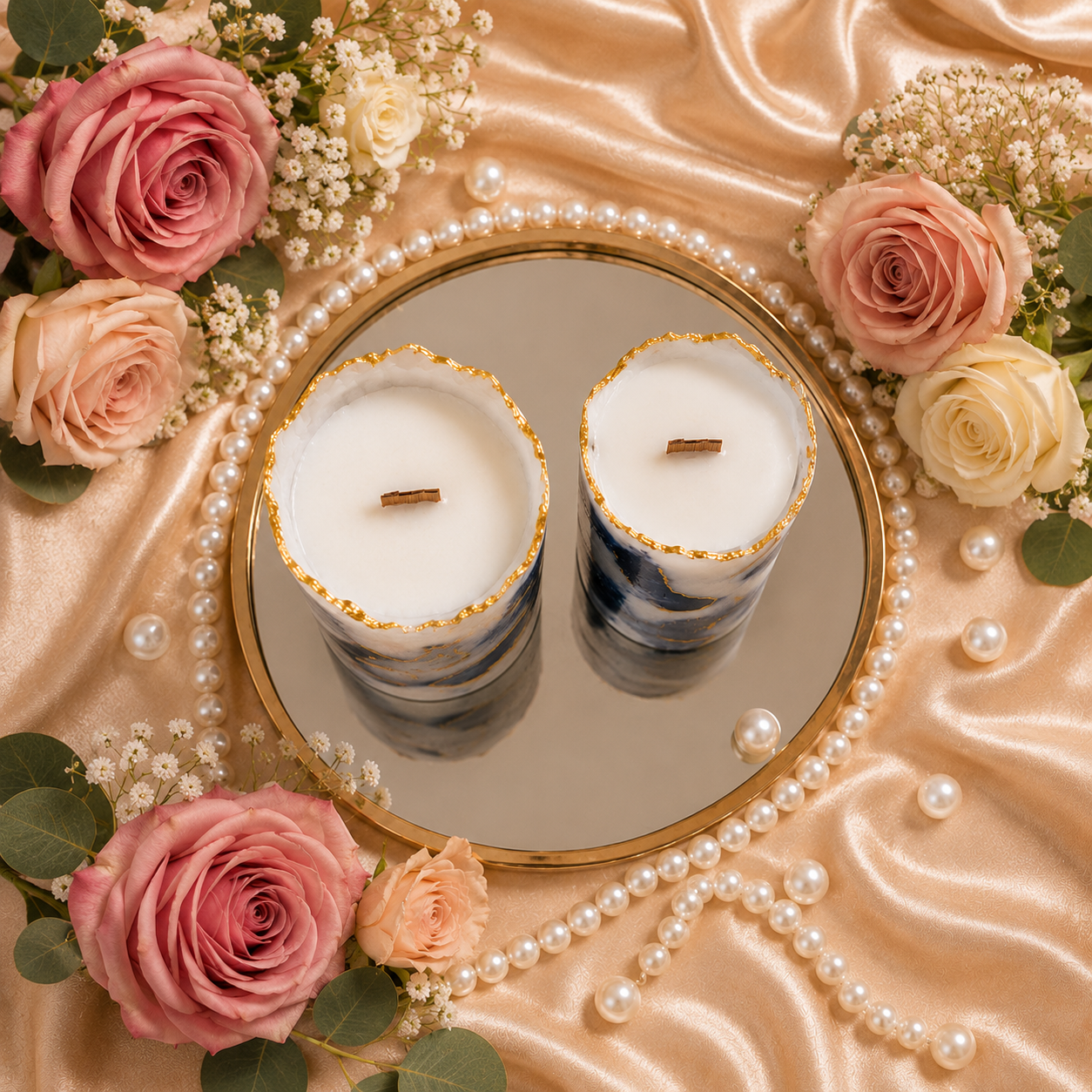 Midnight Blue Marble Pillar Candle - Pack of 2