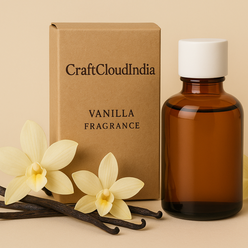 Vanilla fragrance bottle with vanilla flowers and packaging on a beige background