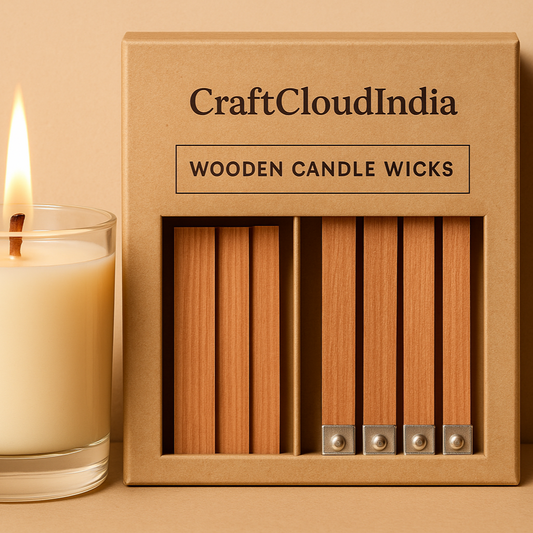 Box of wooden candle wicks with a lit candle on a beige background, featuring 'CraftCloudIndia'.