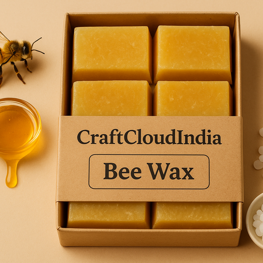 Box of CraftCloudIndia Bee Wax with a honey dipper and bee on a beige background