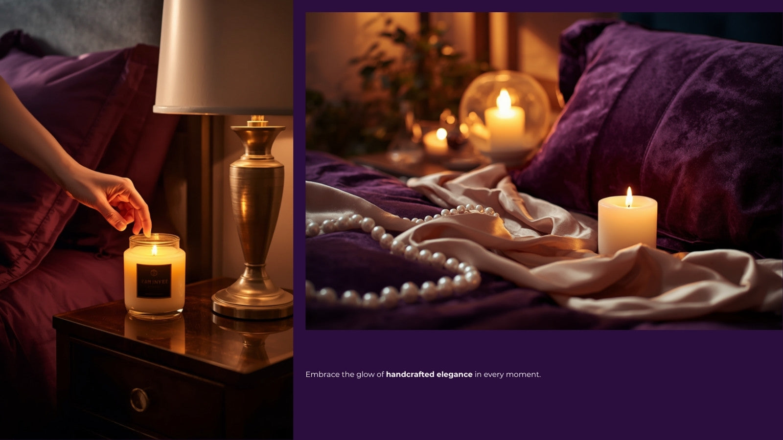 Hand placing a glowing jar candle on a bedside table next to a lamp