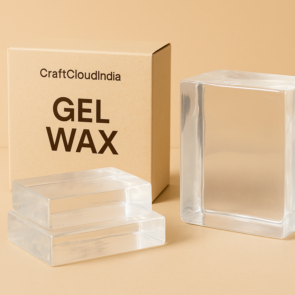 Clear gel wax blocks with a box labeled 'CraftCloudIndia' on a beige background