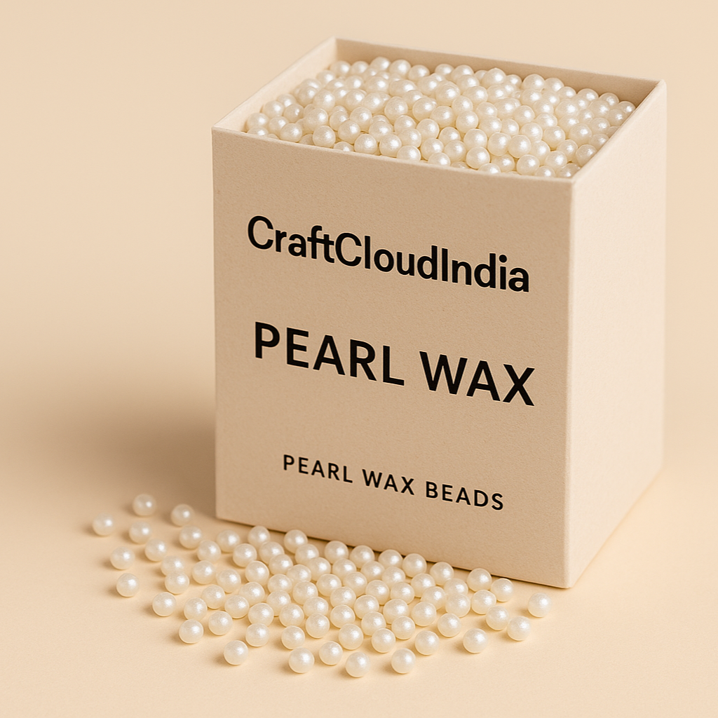 Box of CraftCloudIndia Pearl Wax with pearl wax beads on a beige background