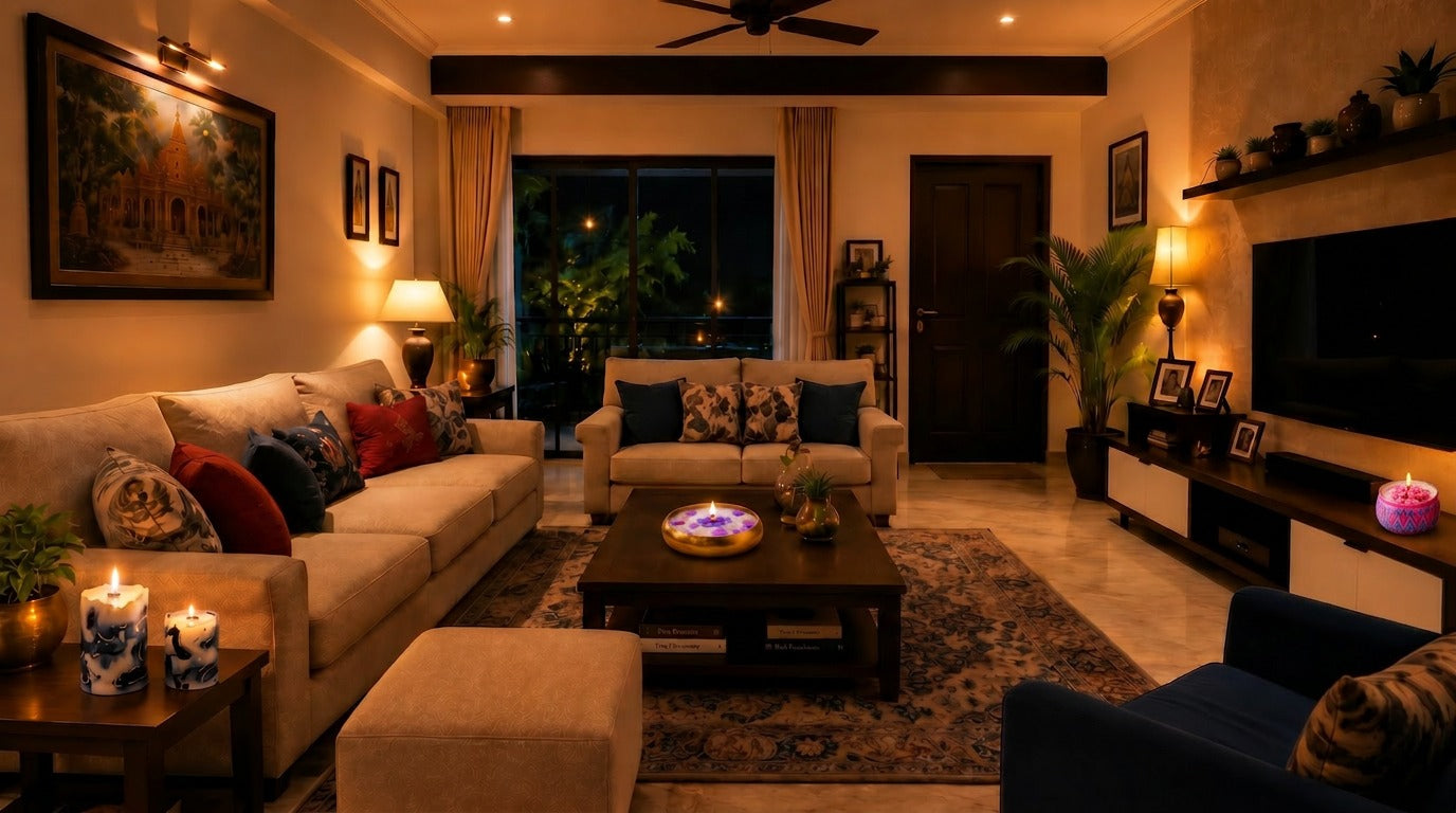 Shop the look — handmade decorative candles styled in a warm living room